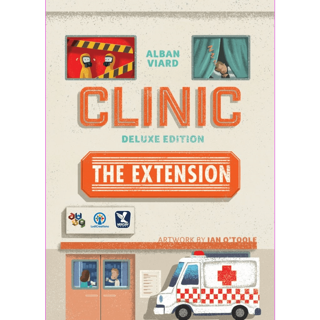 Illustrated game cover for Clinic: Deluxe Edition Bundle by Alban Viard Studio Games, a 3D hospital board game featuring windows, doctors, patients, and an ambulance outside. Cover art by Ian O'Toole.
