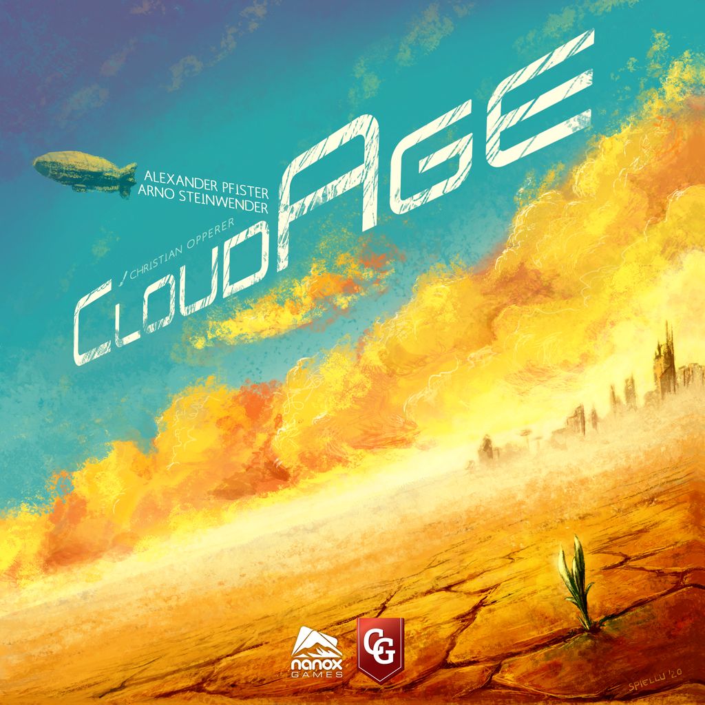 A futuristic airship soars above a cracked, barren land with ruins and sparse plants, reflecting the world of the CloudAge board game. Bold "CloudAge" text appears, along with DLP Games branding below.