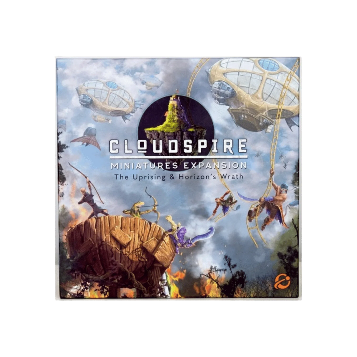 The cover of Cloudspire: Miniatures Expansion - The Uprising & Horizon's Wrath by Chip Theory Games features floating airships, fantasy heroes clashing on cliffs, and a central floating island, all set against an epic cloudy sky.
