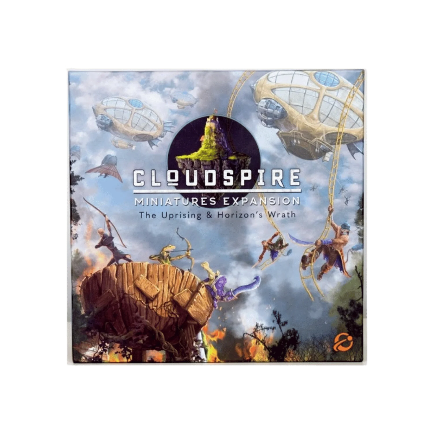 The cover of Cloudspire: Miniatures Expansion - The Uprising & Horizon's Wrath by Chip Theory Games features floating airships, fantasy heroes clashing on cliffs, and a central floating island, all set against an epic cloudy sky.