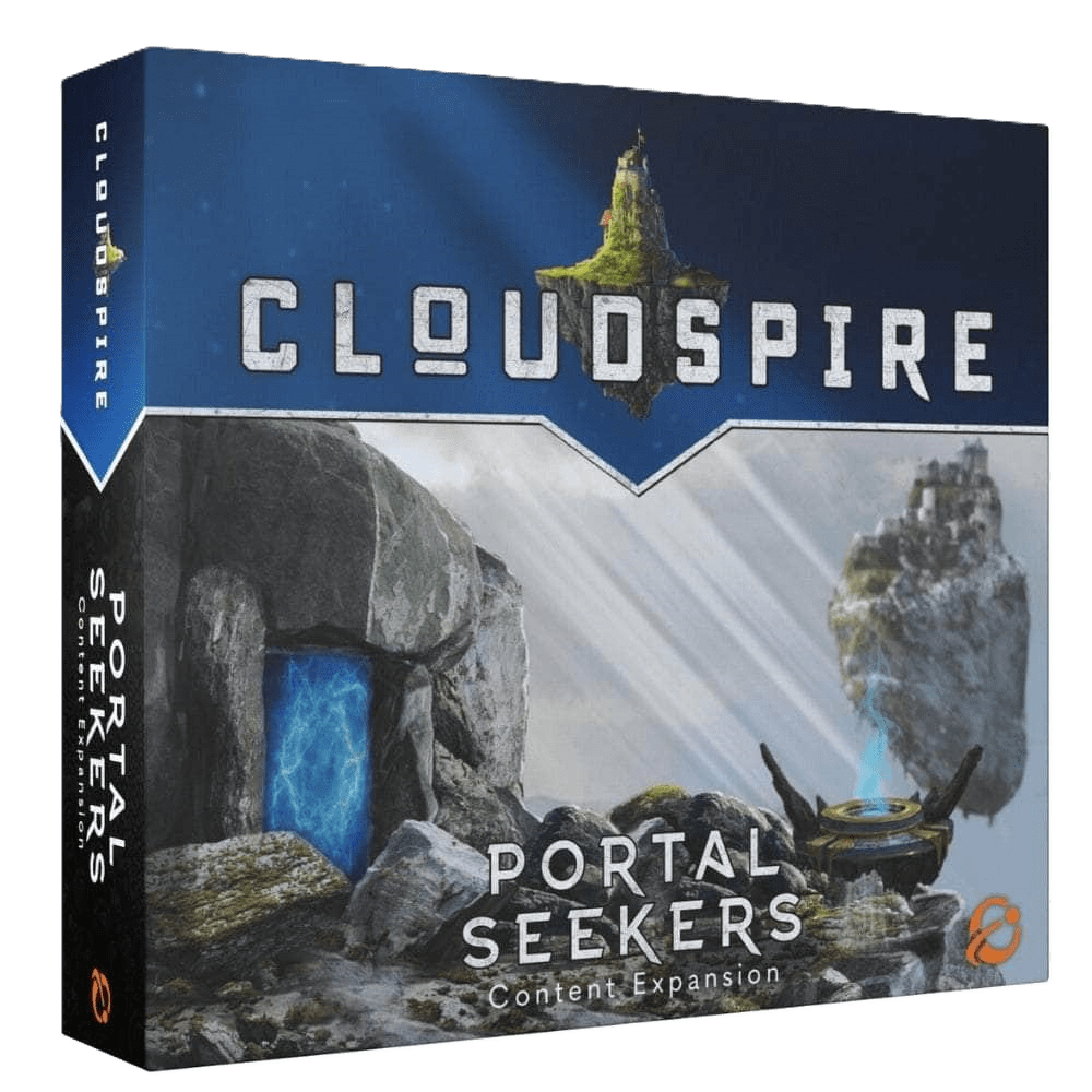 The image displays the box for Cloudspire: Portal Seekers Expansion by Chip Theory Games, featuring fantasy artwork of rocky terrain, glowing blue portals, floating islands, and a prominent Cloudspire logo at the top.