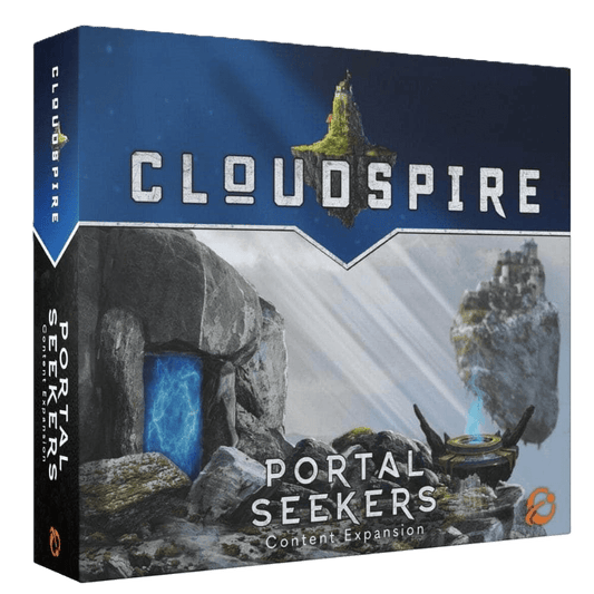 The image displays the box for Cloudspire: Portal Seekers Expansion by Chip Theory Games, featuring fantasy artwork of rocky terrain, glowing blue portals, floating islands, and a prominent Cloudspire logo at the top.