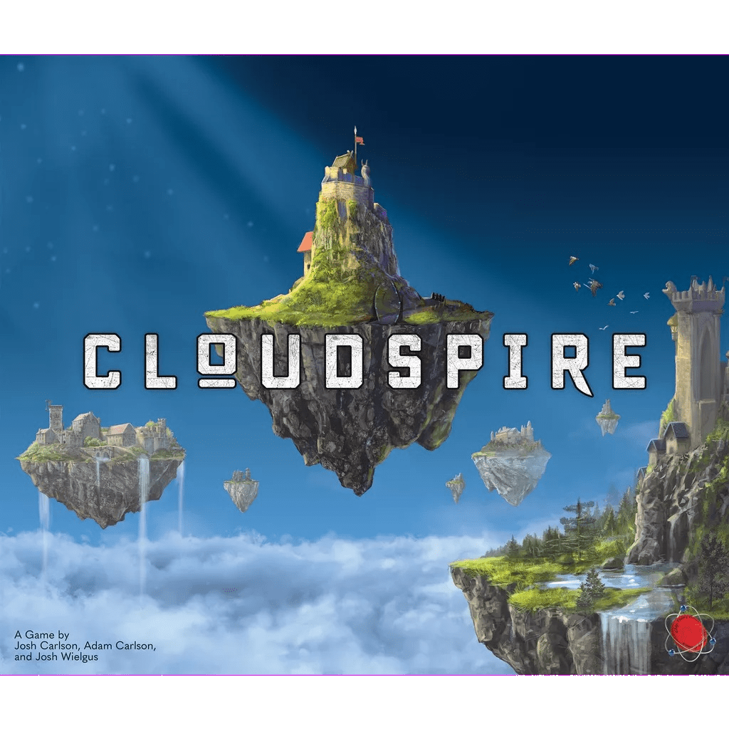 Floating islands with castles and greenery hover above the clouds, under a blue sky. Large text reads Cloudspire by Chip Theory Games, a strategy board game of epic tower defense. A small group stands atop the central island.