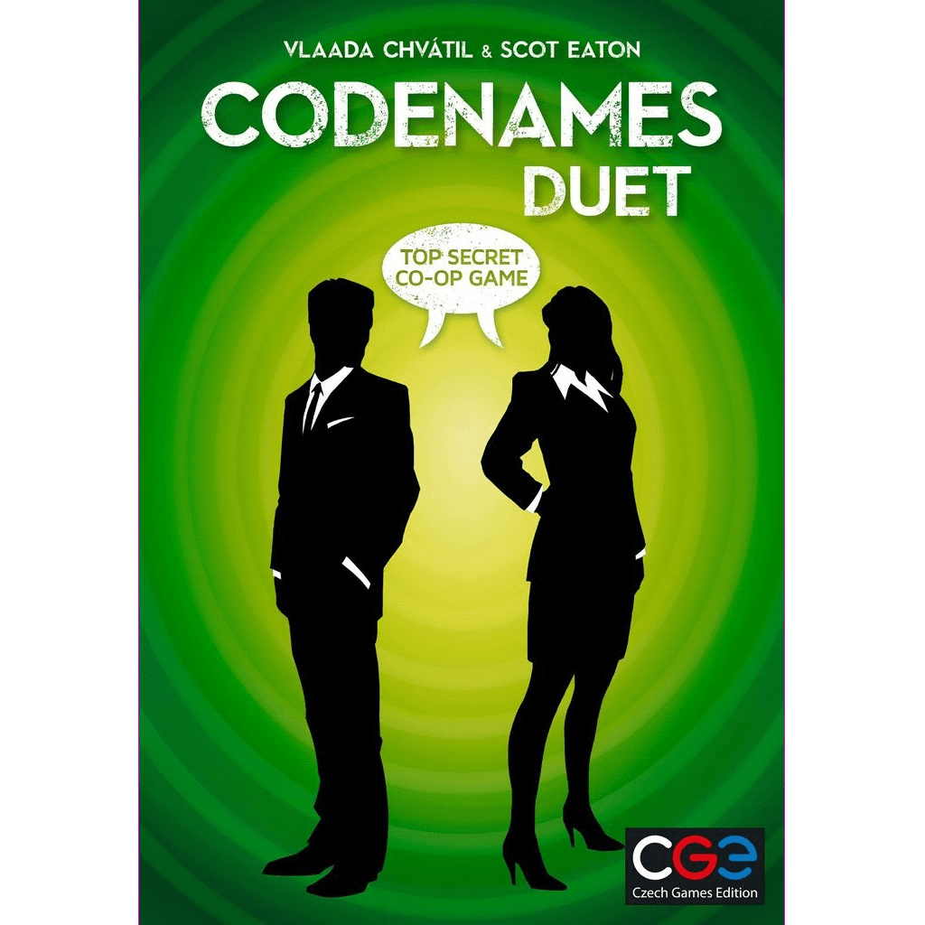 The cover of Codenames Duet by Czech Games Edition (CGE) shows silhouettes of a man and woman in business attire, standing back to back with a speech bubble reading "Top Secret Co-Op Game.
