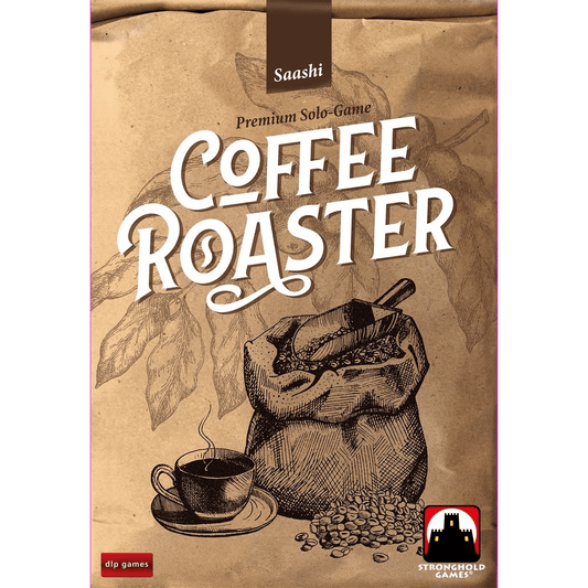 The Coffee Roaster board game by DLP Games features a cover with a sack of coffee beans, scoop, cup of coffee, and coffee plant leaves. The bold white game title and DLP Games logo are also displayed.