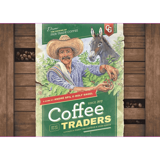 The Coffee Traders board game by Capstone Games features a cover of a smiling man in a straw hat picking Arabica coffee beans, with a donkey nearby and coffee plantations and wooden crates in the background.