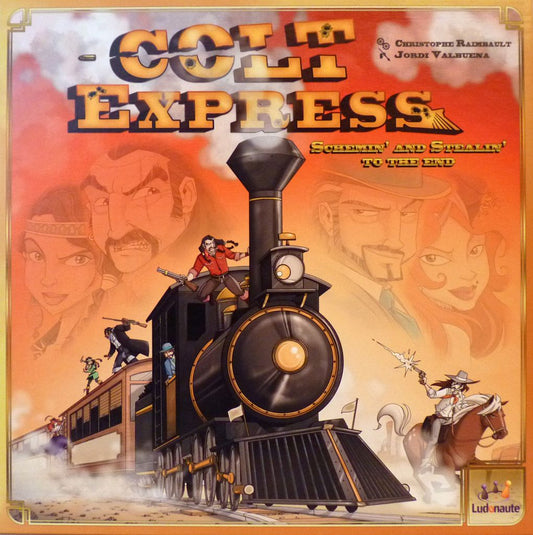 Outlaws brandish guns atop a racing steam train, with faded faces in the background. The Colt Express board game by Ludonaute captures the excitement and danger of the Wild West.