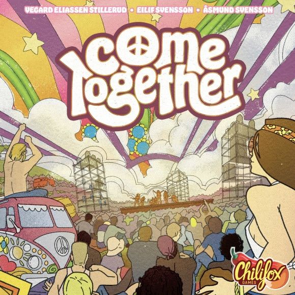 The illustrated cover for Come Together by Chilifox Games features a vibrant music festival scene with crowds, a stage, a colorful van, peace signs, and retro 1960s-70s psychedelic artwork.