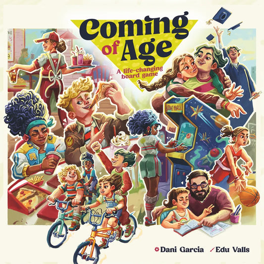 Colorful illustration of diverse kids and teens having fun. Text reads: Coming of Age by ludonova—a life-changing dice-management board game about reaching life goals together.