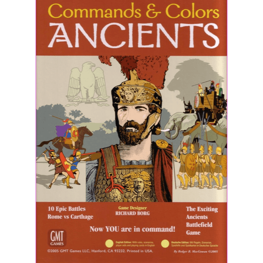 The cover of GMT Games' Commands & Colors: Ancients (7th printing) shows a Roman soldier in armor, with scenes depicting Carthage and Rome featuring soldiers, elephants, and chariots. The title is prominently displayed at the top.
