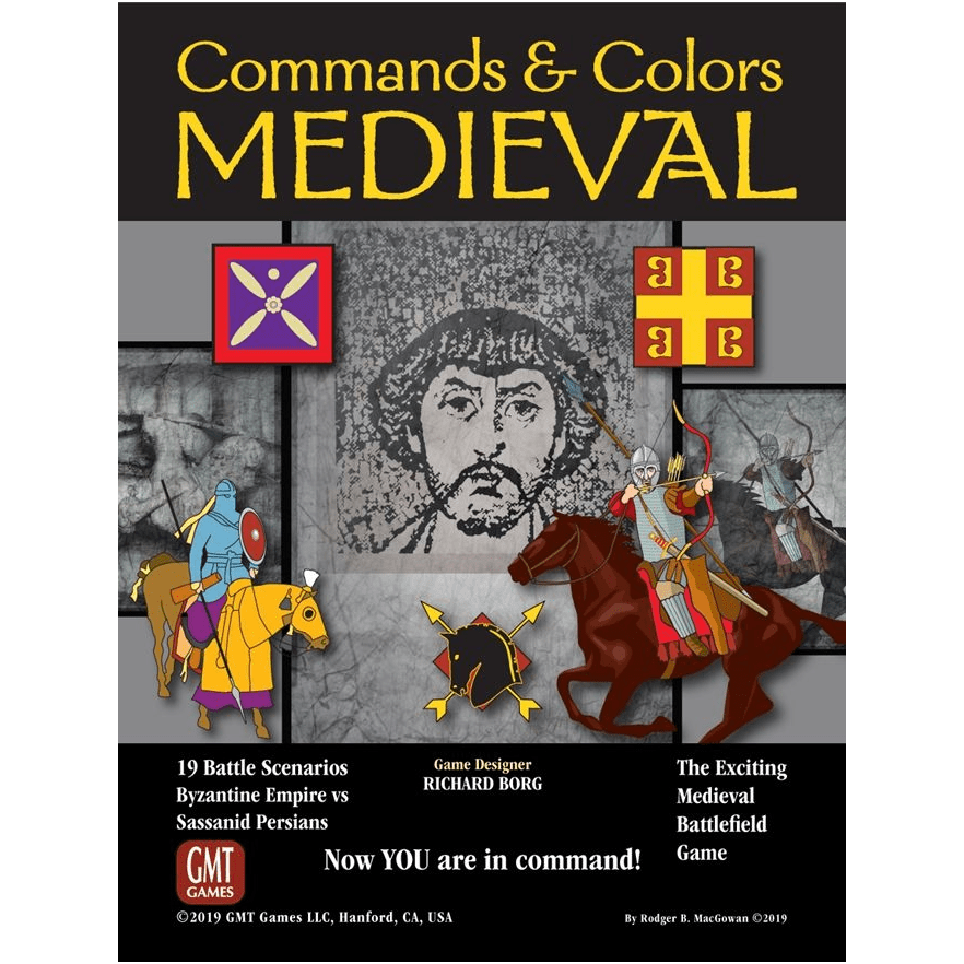 The box cover for GMT Games' Commands & Colors: Medieval features art of Byzantine and Sassanid cavalry, medieval banners, and a grayscale bearded man’s face in the background.
