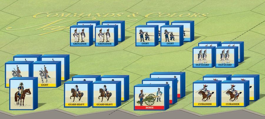 Commands & Colors: Napoleonics by GMT Games is a historical wargame featuring illustrated blue blocks for Napoleonic-era soldiers, cavalry, and artillery, played on a hexagonal grid.