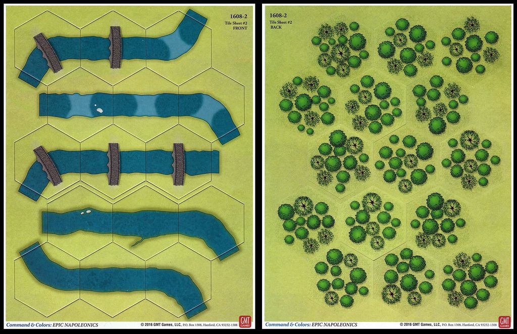 The Commands & Colors: Napoleonics Expansion #6 – EPIC Napoleonics game board from GMT Games features hexagonal spaces with blue rivers on the left and green tree clusters on the right—ideal for epic Napoleonic battles.