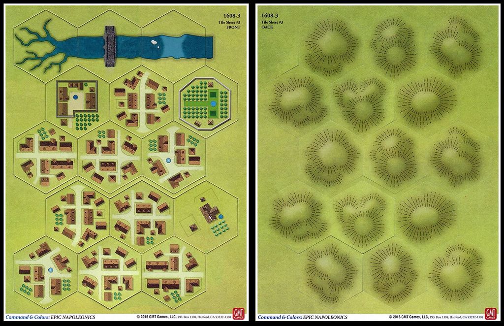 Two hexagonal boards from GMT Games’ Commands & Colors: Napoleonics Expansion #6 – EPIC Napoleonics show a village with river, roads, and fields on the left; grassy hills on the right. Both feature labeled corners and a slim black border.