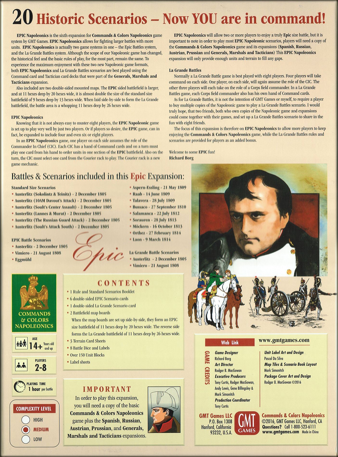 The back cover of GMT Games' Commands & Colors: Napoleonics Expansion #6 – EPIC Napoleonics displays 20 historic scenarios, epic battles, Napoleon's portrait, key game info, and images of detailed playing pieces.