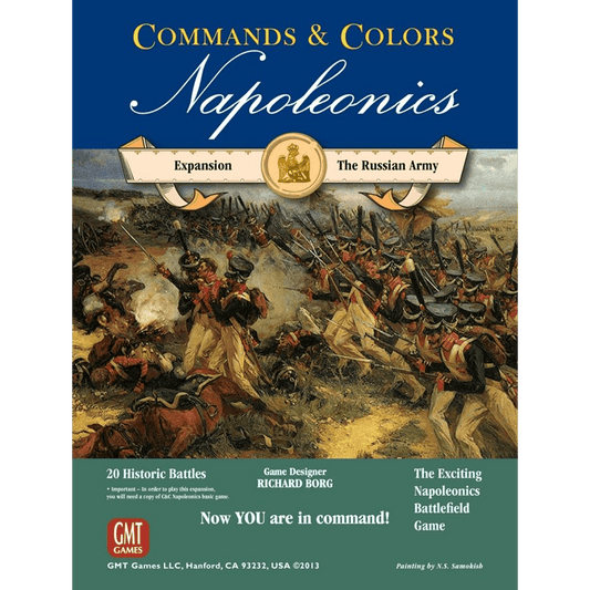 Box cover for GMT Games' Commands & Colors: Napoleonics Expansion #2 – The Russian Army, featuring an intense Napoleonic battle scene with soldiers fighting on foot and horseback.