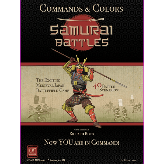 Box cover of Commands & Colors: Samurai Battles by GMT Games, showing an armored samurai with a spear. The cover displays decorative patterns, 40 Battle Scenarios, and credits designer Richard Borg.