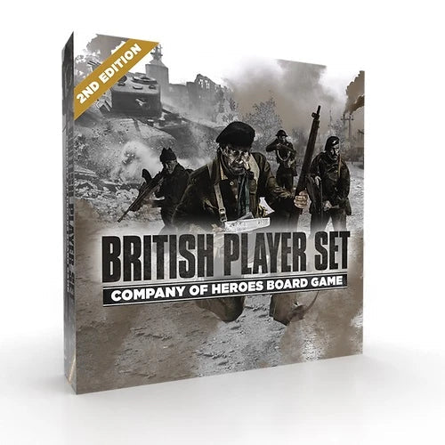A box for Bad Crow Games' Company of Heroes: British Faction Player Set, showcasing armed British soldiers and heavy tanks advancing through a war-torn landscape with smoke and ruins.