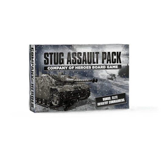 The Company of Heroes: STUG Assault Pack by Bad Crow Games features STUG III Assault Guns on a snowy battlefield and includes elite infantry commanders plus exclusive Commander Cards.