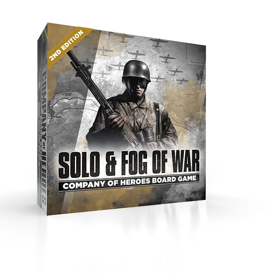 Bad Crow Games’ Company of Heroes: Solo and Fog of War Expansion features a soldier with a rifle and wartime maps, perfect for solo play with smart A.I.—compatible with the Company of Heroes Board Game, 2nd Edition.