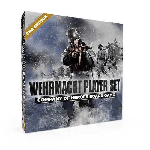 Box for Bad Crow Games’ Company of Heroes: Wehrmacht Faction Player Set, 2nd Edition, showing WWII-uniformed infantry aiming guns and elite tanks on a snowy battlefield.