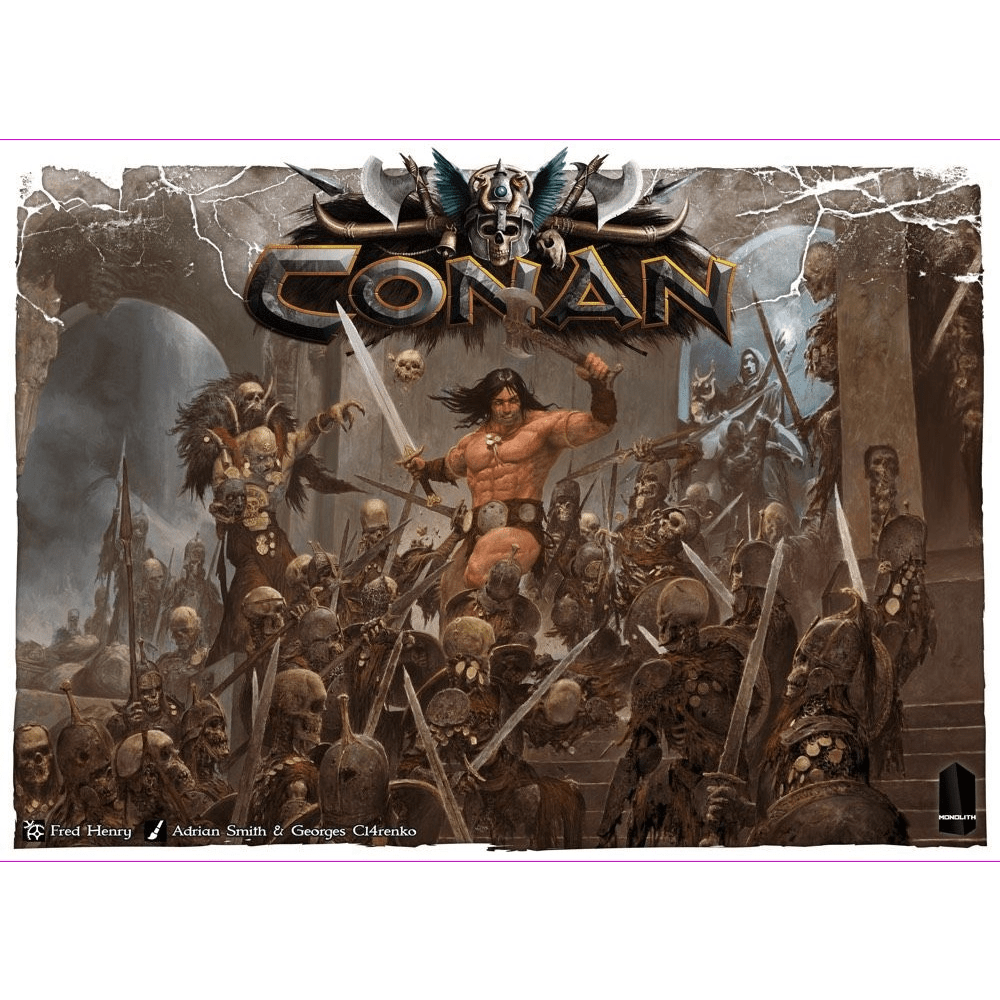 A muscular warrior with long hair battles sword-wielding skeletons atop a bone pile in this dramatic fantasy scene from the Conan board game by Monolith, featuring dark arches and armored skeletons under the bold title "Conan.