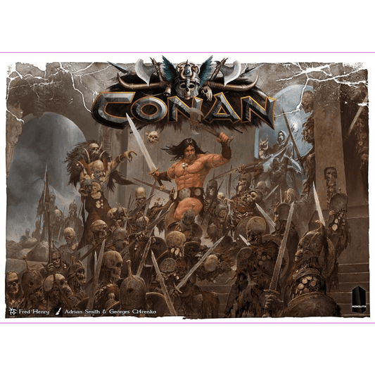 A muscular warrior with long hair battles sword-wielding skeletons atop a bone pile in this dramatic fantasy scene from the Conan board game by Monolith, featuring dark arches and armored skeletons under the bold title "Conan.
