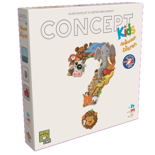 The Repos Concept Kids Dieren game box shows a big question mark filled with animal faces—lion, elephant, monkey—on a white background. It’s a cooperative kids’ game.