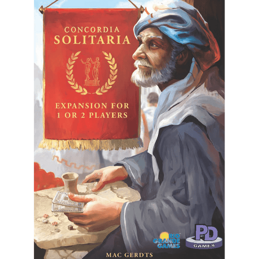 The Concordia Solitaria Expansion by PD-Verlag has a painted cover showing a man in a turban playing a board game, with a red banner noting it’s for solo and 2 players. The PD-Verlag logo appears at the bottom.