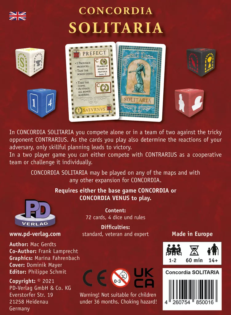The back cover of Concordia Solitaria Expansion by PD-Verlag displays its solo and 2-player mode, components, game board, cards, Contrarius image, details for 1-2 players, 60 min playtime, ages 14+, and a product description.