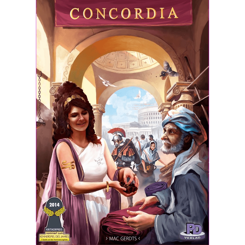 A woman in ancient Roman attire trades with a merchant in a lively marketplace near Roman soldiers and arches, capturing the spirit of Concordia EN/DE by PD-Verlag.