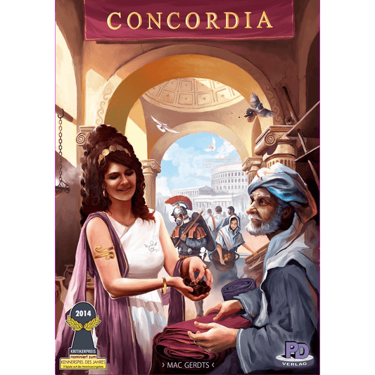 A woman in ancient Roman attire trades with a merchant in a lively marketplace near Roman soldiers and arches, capturing the spirit of Concordia EN/DE by PD-Verlag.