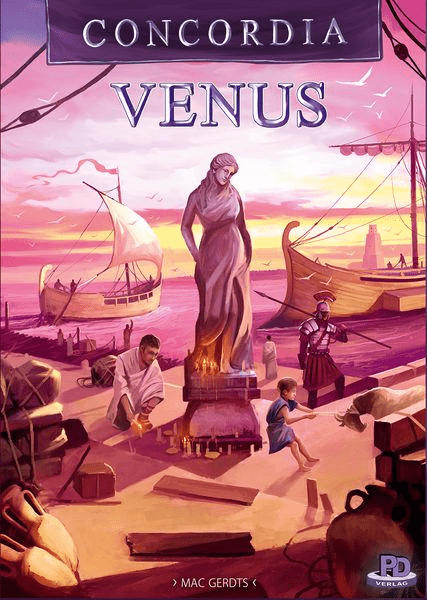 Cover of PD-Verlag’s Concordia Venus EN/DE, featuring a statue of Venus, ancient ships in a harbor, people working, and a child playing at sunset with purple and orange skies reflecting economic progress.
