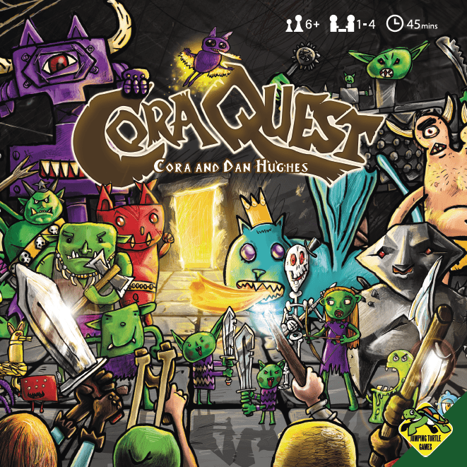 Bright Eyes Games’ CoraQuest NL features a colorful, cartoon-style cover with adventurers and monsters exploring a dungeon. Playful artwork depicts Cora and Dan Hughes among fantasy creatures and weapons.
