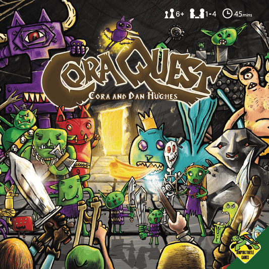 Bright Eyes Games’ CoraQuest NL features a colorful, cartoon-style cover with adventurers and monsters exploring a dungeon. Playful artwork depicts Cora and Dan Hughes among fantasy creatures and weapons.