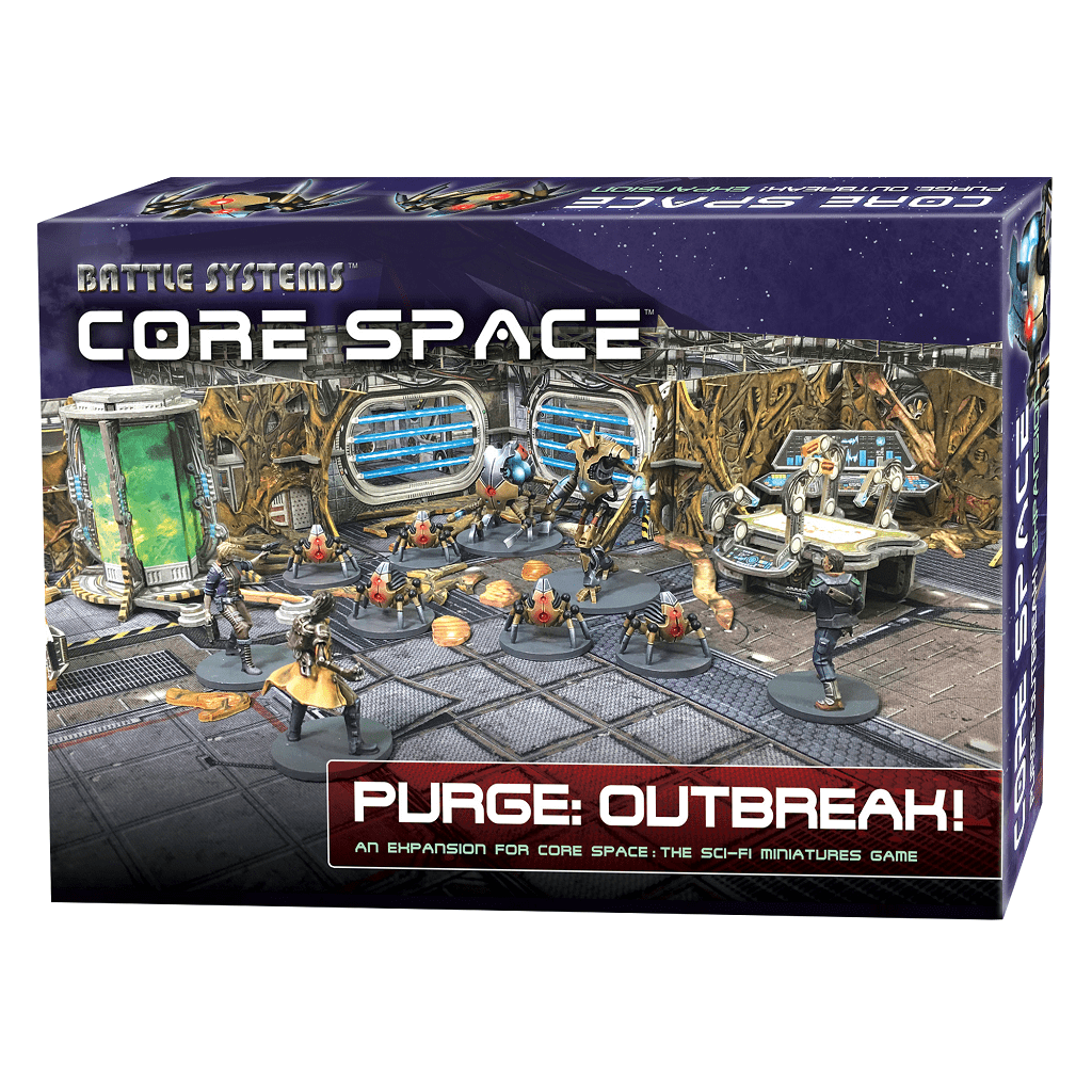 Box cover of Core Space: Purge Outbreak Expansion by Battle Systems Ltd, showcasing sci-fi miniatures, a Purge Annihilator, alien terrain, equipment, and bold white/red title—spotlighting dramatic new missions in a futuristic world.
