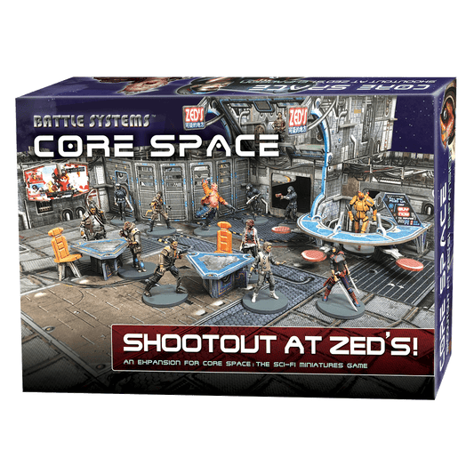 The box cover of Core Space: Shootout at Zed’s Expansion by Battle Systems Ltd features sci-fi miniatures, trader crew figures, tables, chairs, and detailed bar backgrounds with prominent title and artwork.