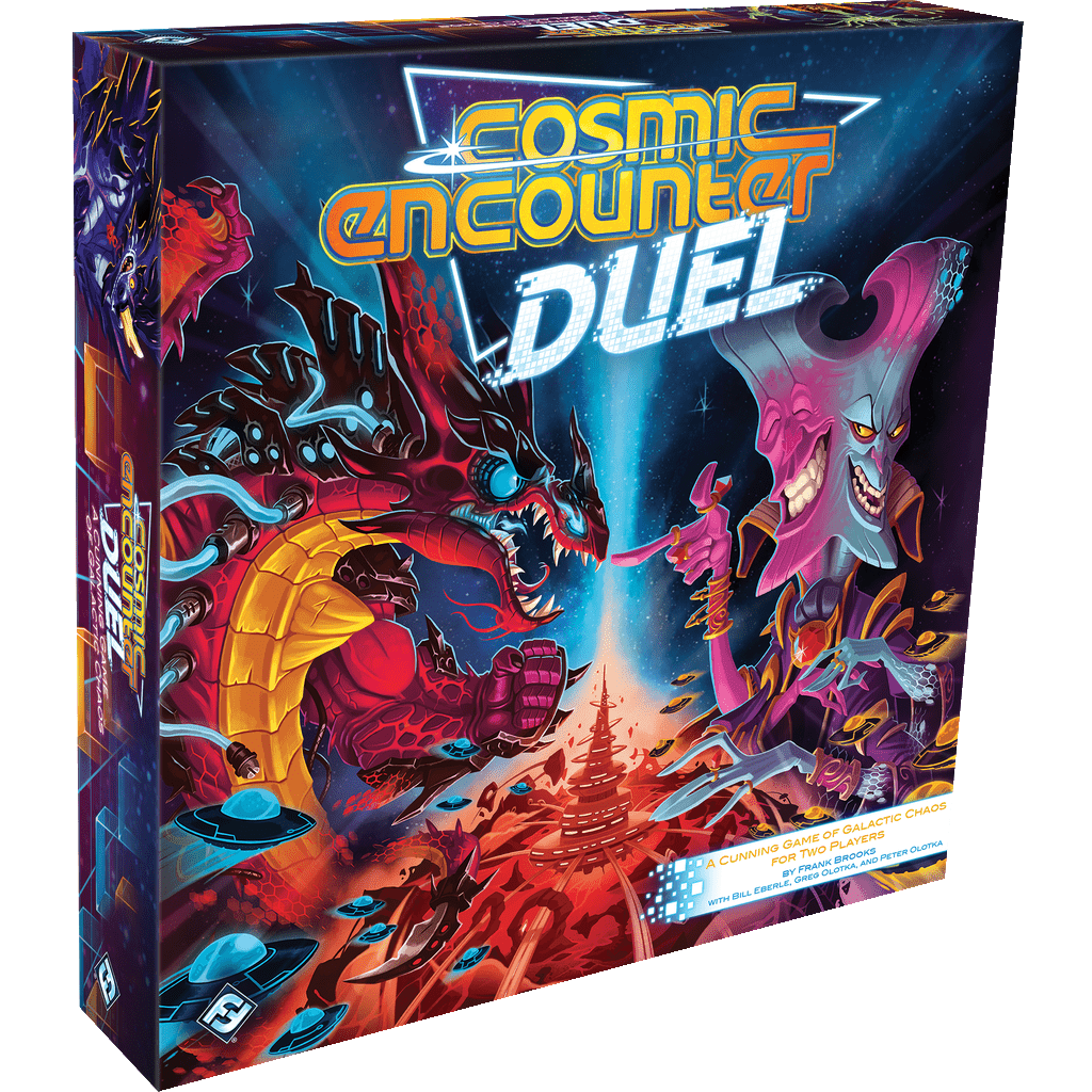 The image displays the vibrant box for Fantasy Flight Games’ Cosmic Encounter Duel, a two-player game where two alien species—one dragon-like and one purple with tentacles—compete in a cosmic outer-space showdown.