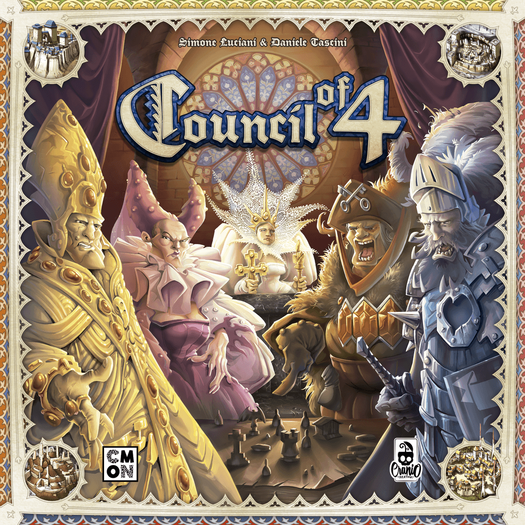 The Council Of Four illustrated cover by Cool Mini Or Not shows four ornately dressed council members in a grand hall, gathered around a table beneath stained glass and gold accents, reflecting the game's strategic board gameplay.