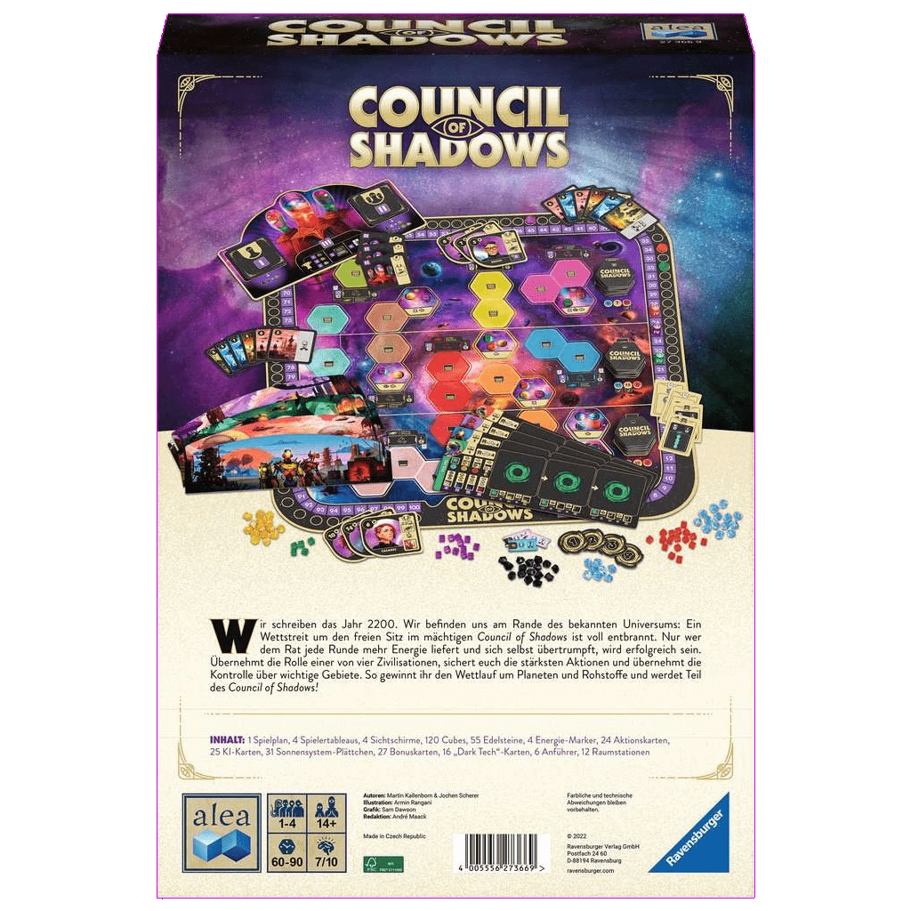 Back of a Council of Shadows (German Version) alea box displays the space-themed game board, hex tiles, cards, and components. German description and details are printed below, featuring visible Quantensprünge elements.