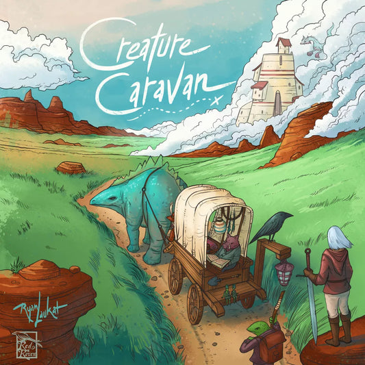 Travelers in a wagon pulled by a blue dinosaur cross green plains toward a castle under swirling clouds. “Creature Caravan” floats in the sky, inviting you to an epic card tableau adventure from Red Raven Games.