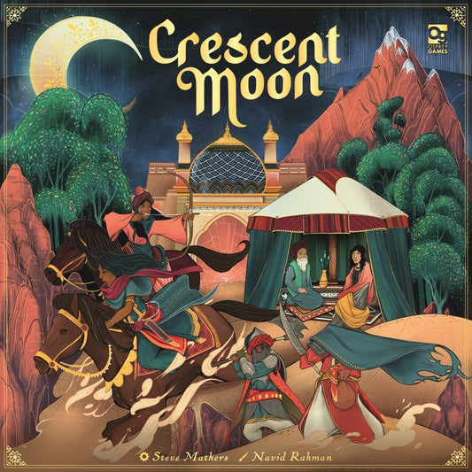 Vibrant scene of knights, veiled women, and tents in a desert camp under a crescent moon and stars, with a palace behind. Crescent Moon by Osprey Games is an epic strategy board game set in the Caliphate era.