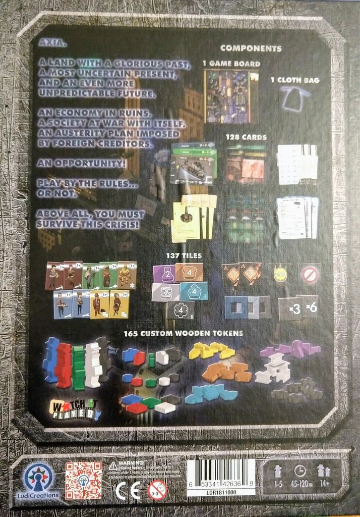 Back of Crisis by LudiCreations shows game contents—board, cloth bag, 128 cards, 137 tiles, 165 wooden tokens—along with icons and a story about surviving economic turmoil. Logos and barcode are at the bottom. An exciting strategy game awaits!.