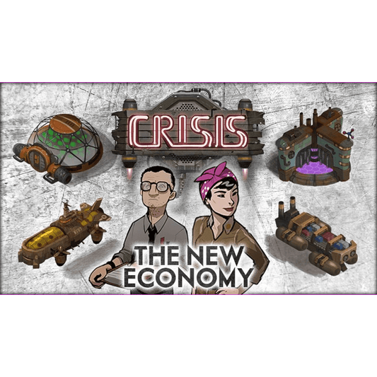 Illustration with “CRISIS: THE NEW ECONOMY” text, two cartoon characters, and industrial buildings—ideal for fans of LudiCreations’ Crisis: The New Economy Expansion DE, including optional German rules. Perfect for board game expansions.
