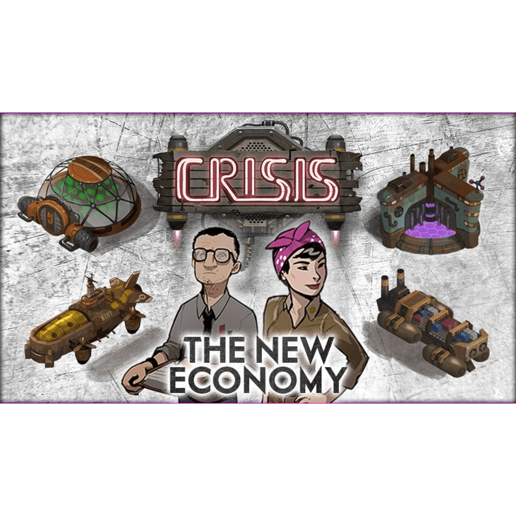 Illustration with “Crisis: The New Economy Expansion” in bold, two cartoon characters (one with glasses, one in a pink headscarf), and five futuristic factories—showcasing LudiCreations' board game expansion for added replayability.
