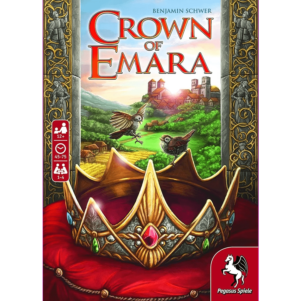 A jeweled crown sits on a red velvet cushion, evoking the Crown of Emara board game by Pegasus Spiele. In the background, two birds soar above a green countryside with a village and castle, alongside the Pegasus Spiele logo.