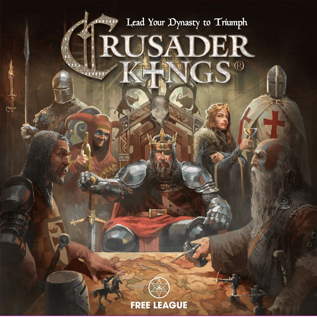 A group of medieval knights and rulers surround a table with a crowned king at the center, amid armor, swords, banners, and ornate décor. The Fria Ligan Crusader Kings board game title is displayed above the dramatic scene.