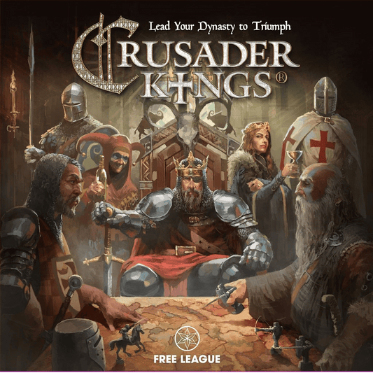 A group of medieval knights and rulers surround a table with a crowned king at the center, amid armor, swords, banners, and ornate décor. The Fria Ligan Crusader Kings board game title is displayed above the dramatic scene.