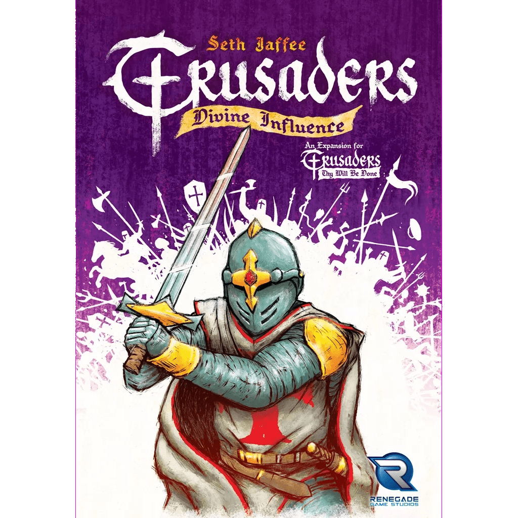 Illustrated cover of Crusaders: Thy Will Be Done - Divine Influence Expansion by Renegade Game Studios, showing a knight in armor with a red cross on his helmet, holding a sword on a purple background with white crosses.