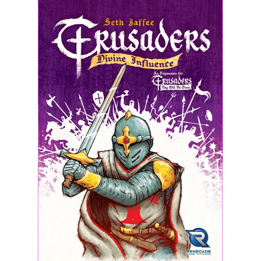 Illustrated cover of Crusaders: Thy Will Be Done - Divine Influence Expansion by Renegade Game Studios, showing a knight in armor with a red cross on his helmet, holding a sword on a purple background with white crosses.